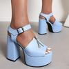 Sandalias de Tacón Super Alto Grueso con Cremallera Metálica Adornada, Puntera Cuadrada Peep Toe, Plataforma Alta Impermeable, Correa de Tobillo con Hebilla