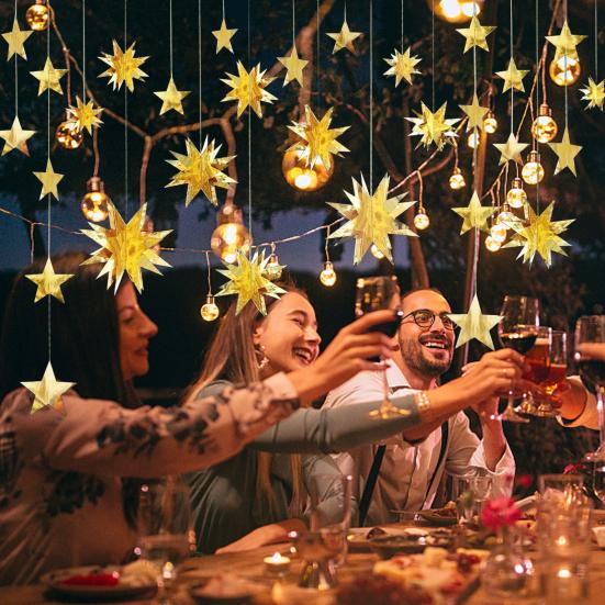 Goldene Weihnachtsgirlande Sternenstreamer 3D Sterne Metallic Papier Hängende Wimpelkette Banner Festliche Feiertagsdekoration