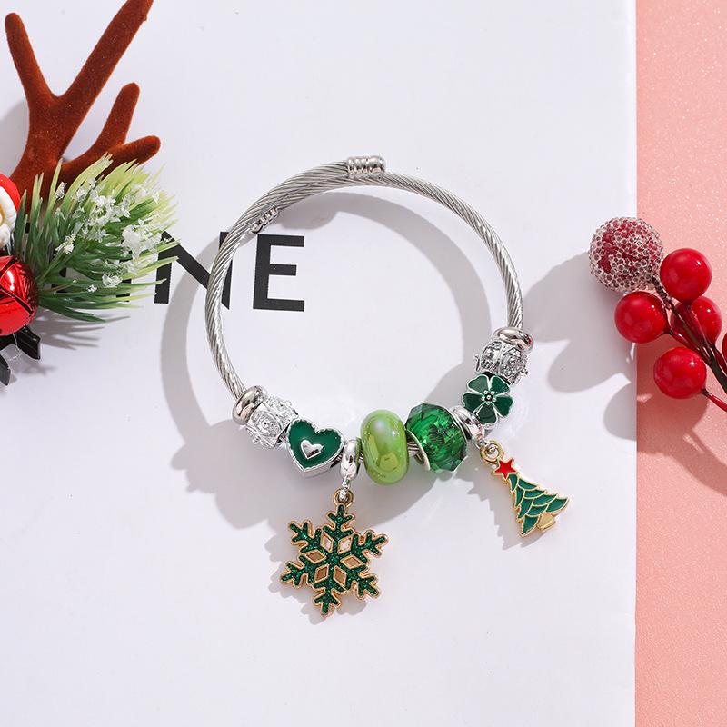 Christmas Themed Stainless Steel Bracelet For Girls With Snowflake Reindeer Crystal Beads And Tree Charm Gift
