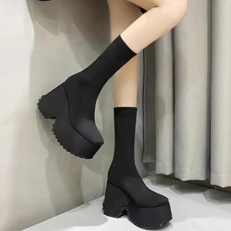 Women Mid Calf Sock Boots High Heels Platform Shoes Woman Designer New Fad Goth Boots Walking Dress Mujer Trend Chelsea Boots