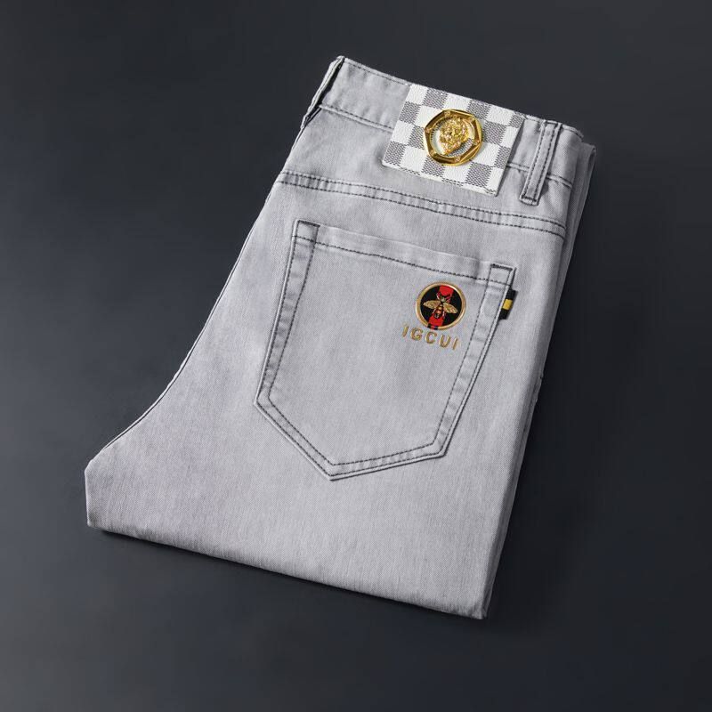 Foreign Trade Surplus Luxury Lyocell Ice Silk Men s Jeans, Spring Slim Fit, Stretchy Casual Trendy Cropped Pants Light gray(Vintage Car 2319) Thirty-eight