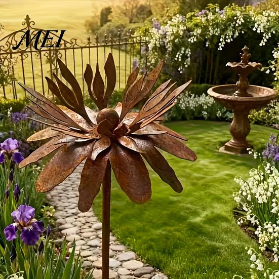 Vintage Style Garden Flagpole Rusty Outdoor Daisy Flower Metal Yard Stake, Rusted Iron Art Rust-red Patio Decoration Decoration, Weather-Resistant