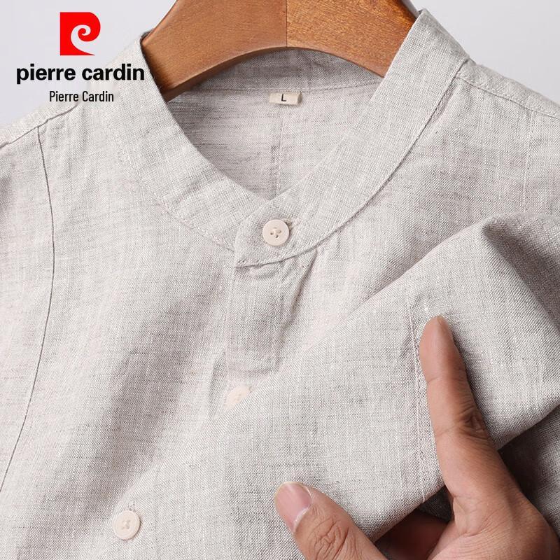 Pierre Cardin Men's 100% Linen Chinese Style Stand-Collar Short-Sleeve Shirt