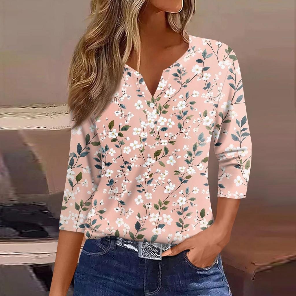 Dámské tričko s potiskem, knoflíky, 3/4 rukávy, pro každý den, na víkend, módní, základní, s výstřihem do V, běžný top