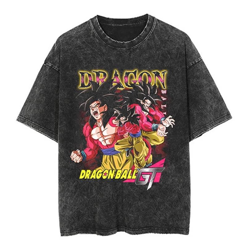 T-shirt a maniche corte lavata effetto invecchiato Giapponese Classico Dragon Ball Goku Cartone Animato Anime Oversize High Street Vintage Uomo e Donna