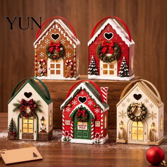 Festive Cabin Packaging Christmas Wonderland Cottage Gift Box, House Shaped Paper Treat Boxes, Holiday Snack Storage Boxes Holder with Handle