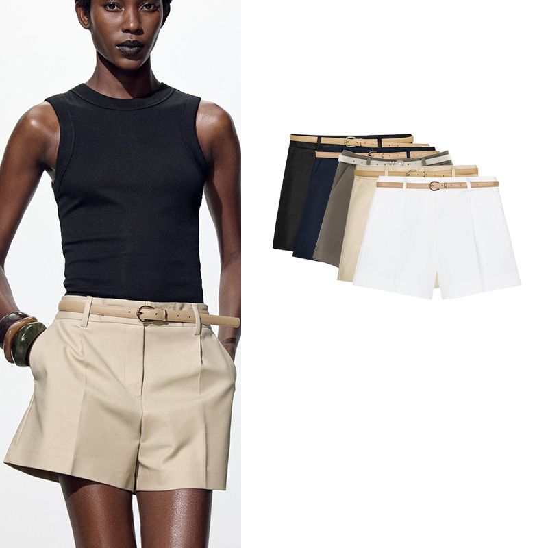 Summer New Product Women's Clothes Workplace Elegant with Belt Pleated Minimalist Commute Leisure Shorts 8372172