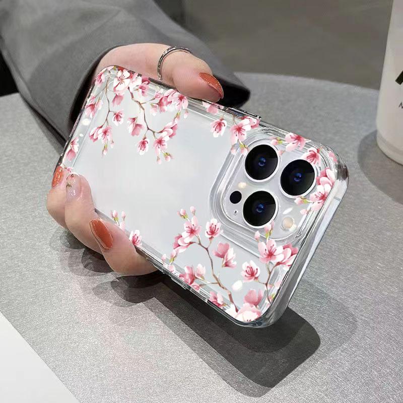 Pink Flower Design Transparent Phone Case For iPhone 17 16 15 14 13 12 11 Pro Air Max XS X XR 7 8 Plus Shockproof Soft TPU Cover