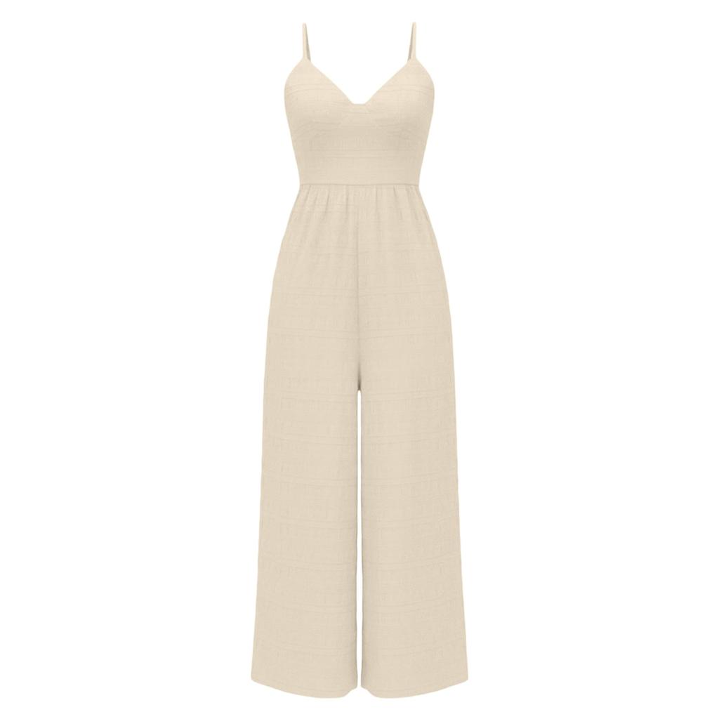 Women Sleeveless Spaghetti Strap Bohemian Wide Leg Jumpsuit Elegant Party Romper with V Neck and Relaxed Fit Design