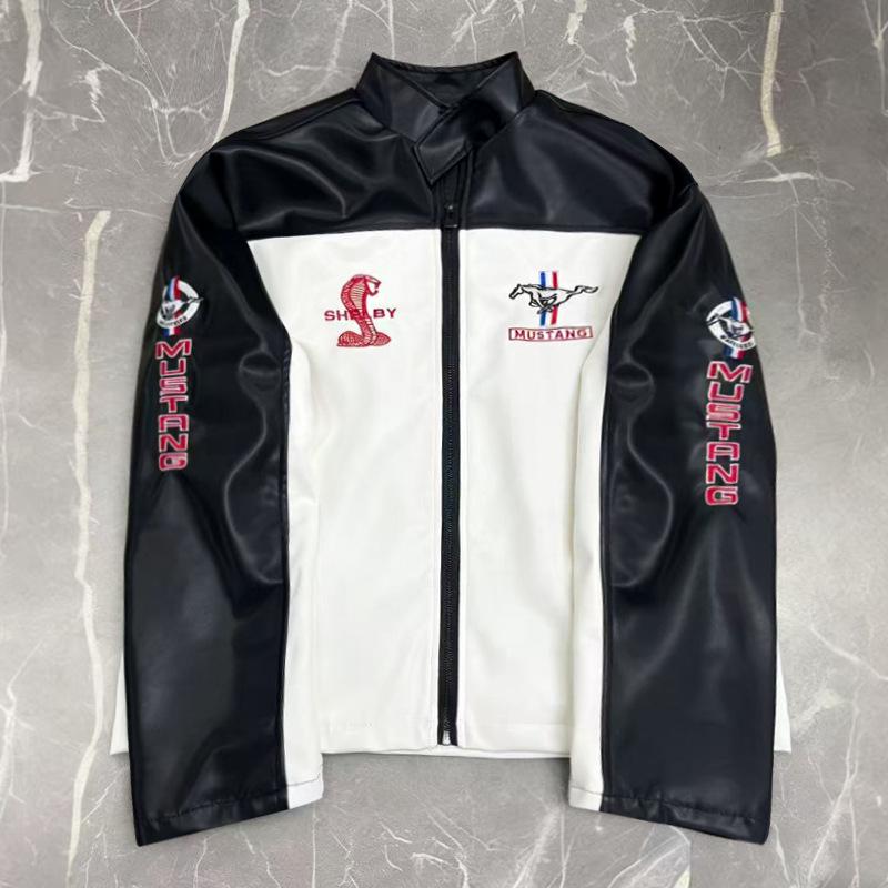 F1 Rennanzug Bestickte Lederjacke - Harley Retro Motorradstil, Baumwoll-Fahranzug, PU-Jacke