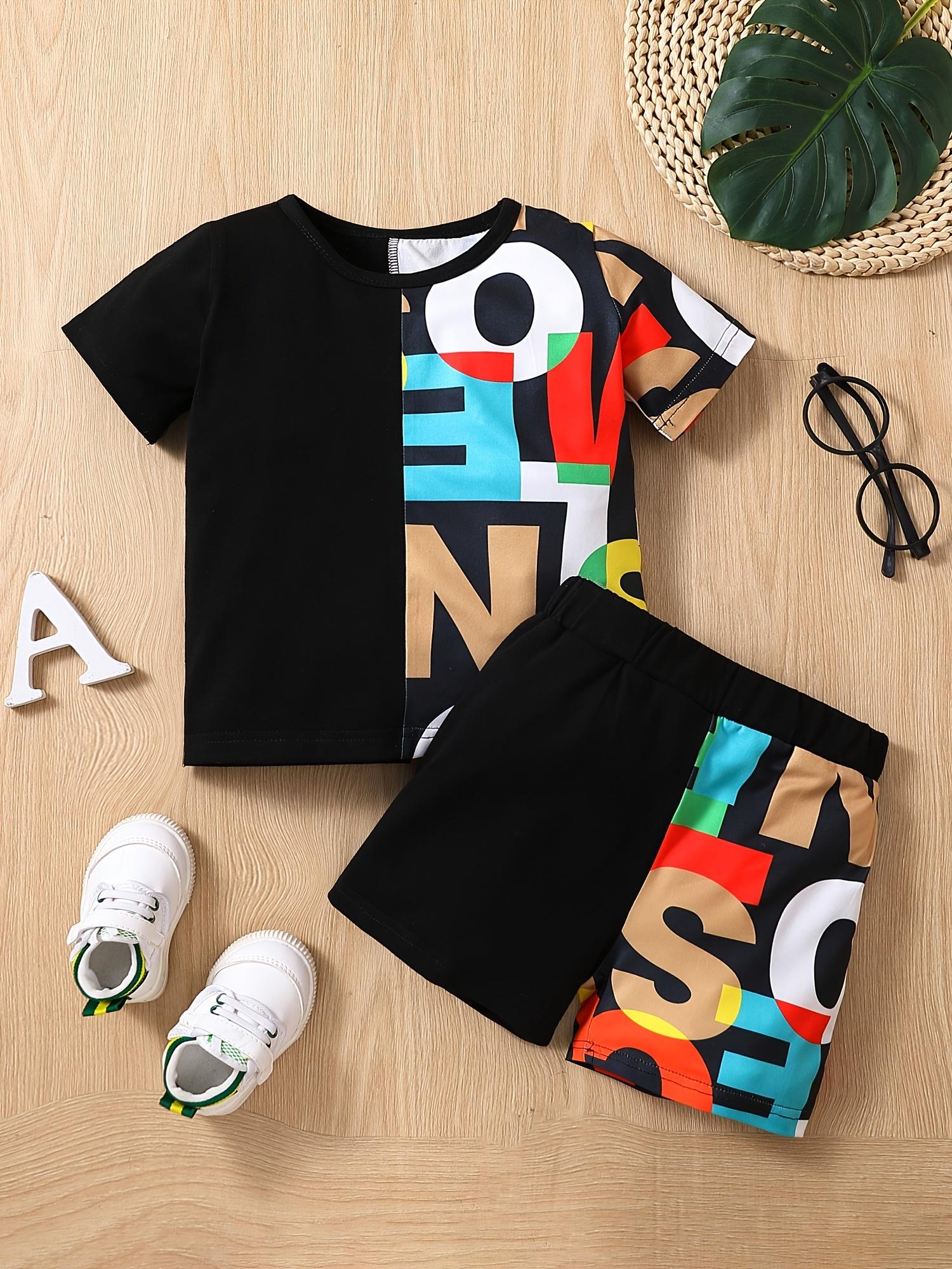 

Boys Summer Outfit 2 Piece Set Fashion Color Block Letter Print Short Sleeve Shorts Set 5-6Y чорний
