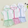 Toddler Boy Girl Beach Cover Up Set Short Sleeve Zipper Hood Tops with Stripe Print Shorts Outfit