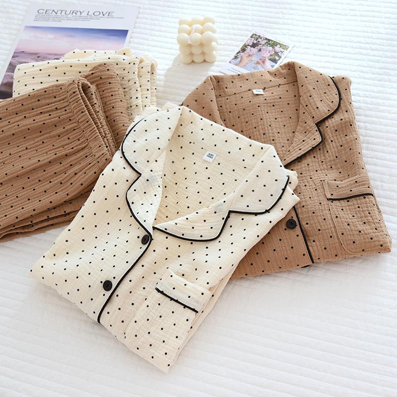 Women's Polka Dot Crinkle Cotton Pajama Set - Long Sleeve & Pants, Japanese Style, Soft Spring/Summer Homewear