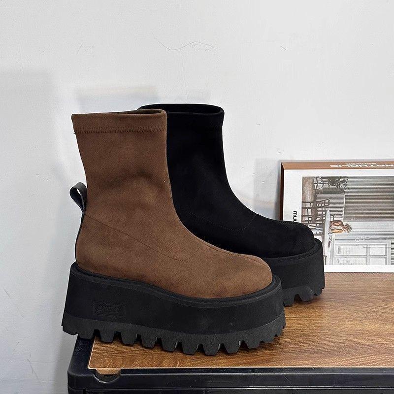 Elastic Thick-Soled Women's Winter Martin Boots 2025 - Black High-Heeled Height-Increasing Short Boots for Autumn