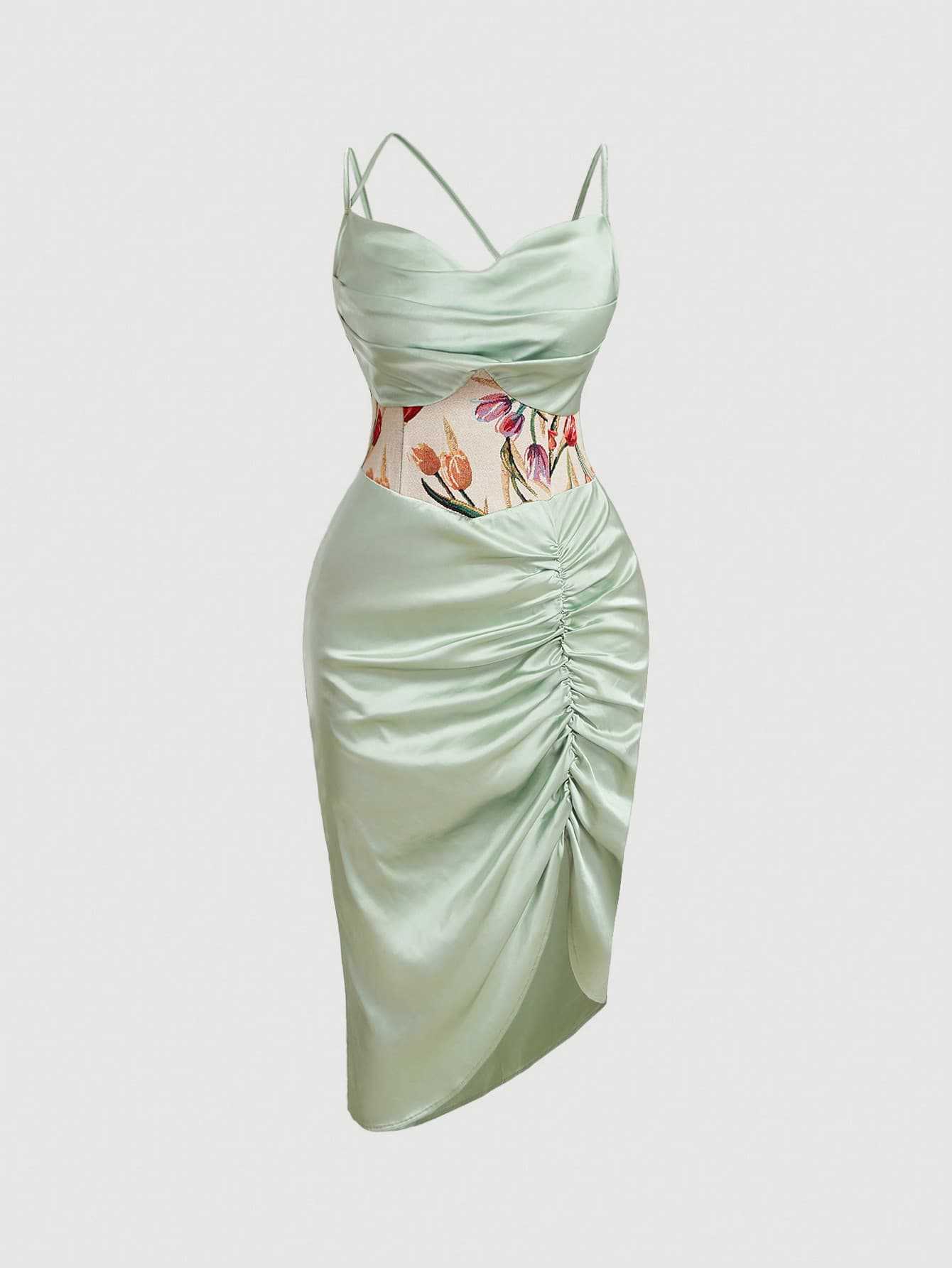 

European and American style large size mint green satin dress, printed waist seal splicing sling sling design, e-commerce 4XL м ята зелений колір