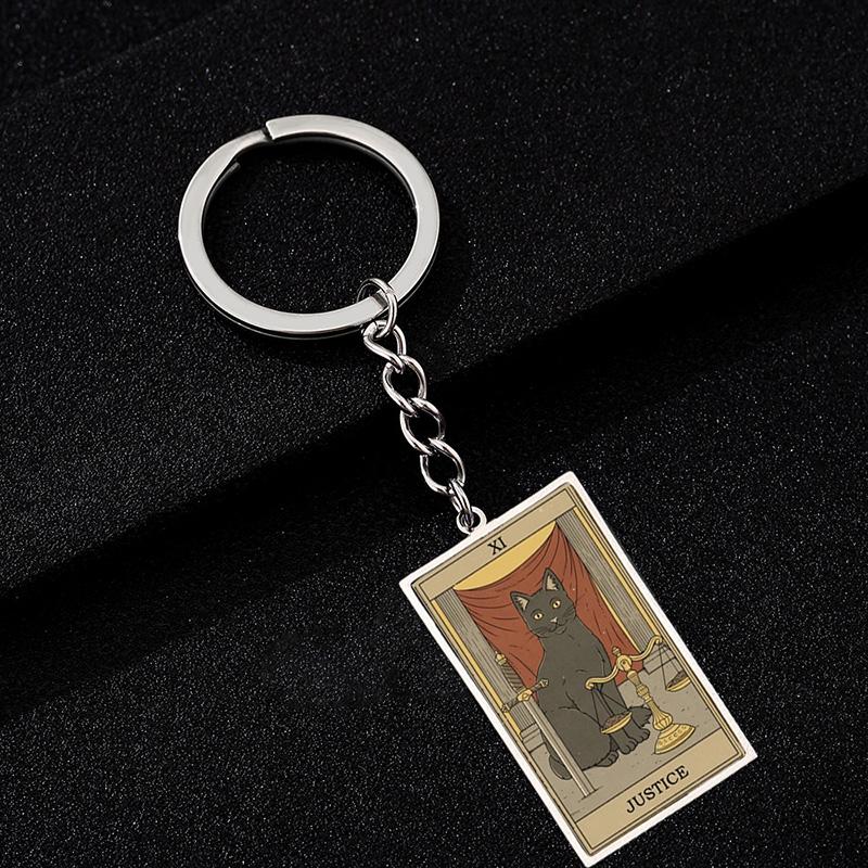 Cute Cat Tarot Card Keychain Vintage Rectangle Epoxy Stainless Steel Pendant Key Chain Animal Divination Jewelry