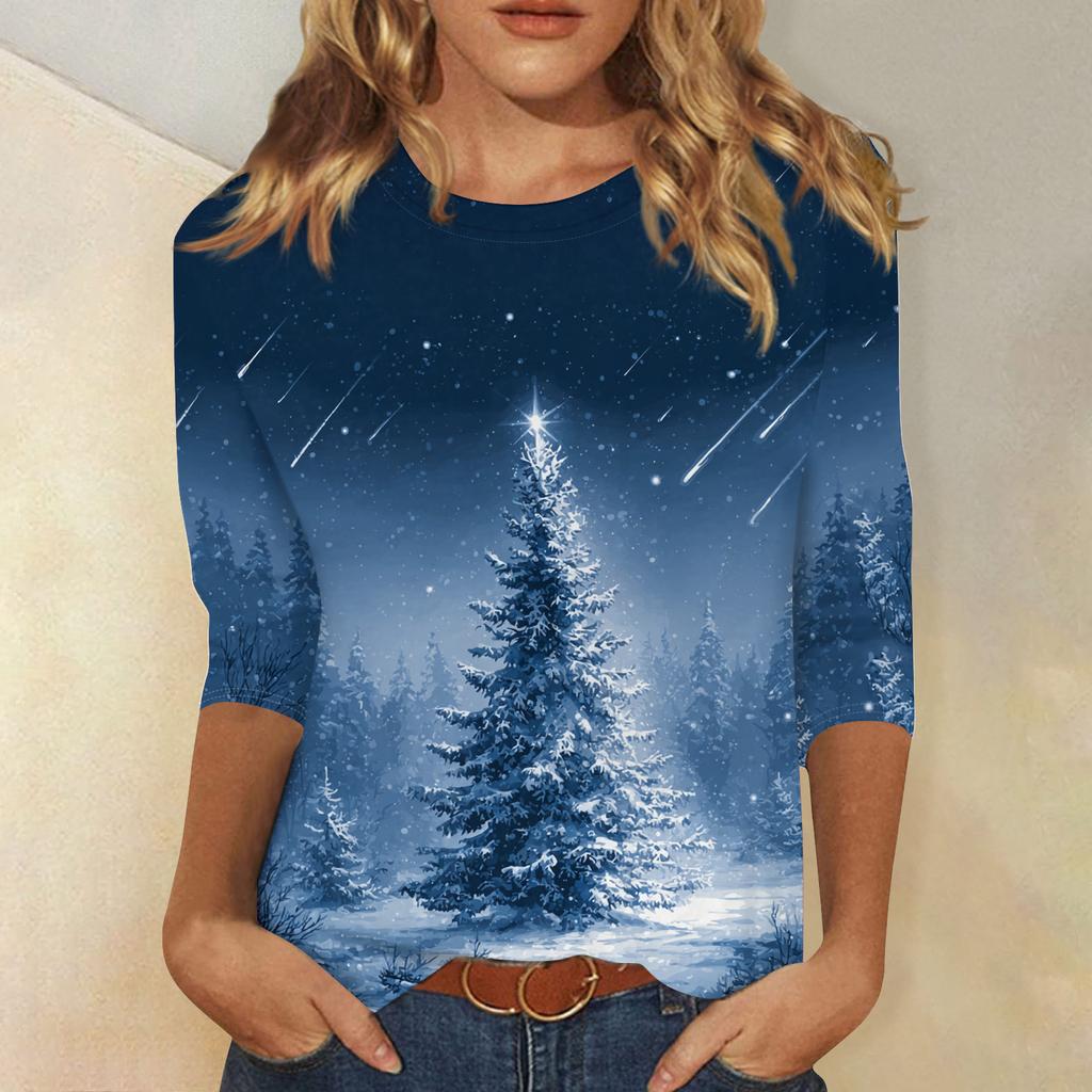 Women's Fashion Casual Christmas Printed Round Neck Long Sleeve Pullover Top