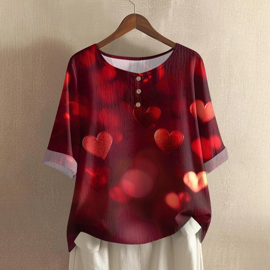 Damska casualowa i wygodna bawełniano-lniana bluzka z okrągłym dekoltem, średniej długości, z modnym nadrukiem