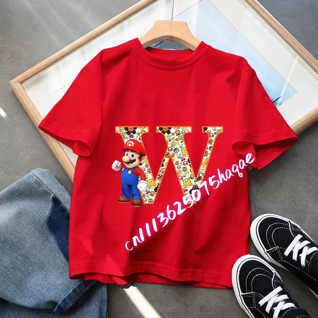Super Mario Anime Birthday Lucky letter AZ Print T Shirt Cute Children Clothing Tops Toddler Tees Casual Clothes Tops Tees