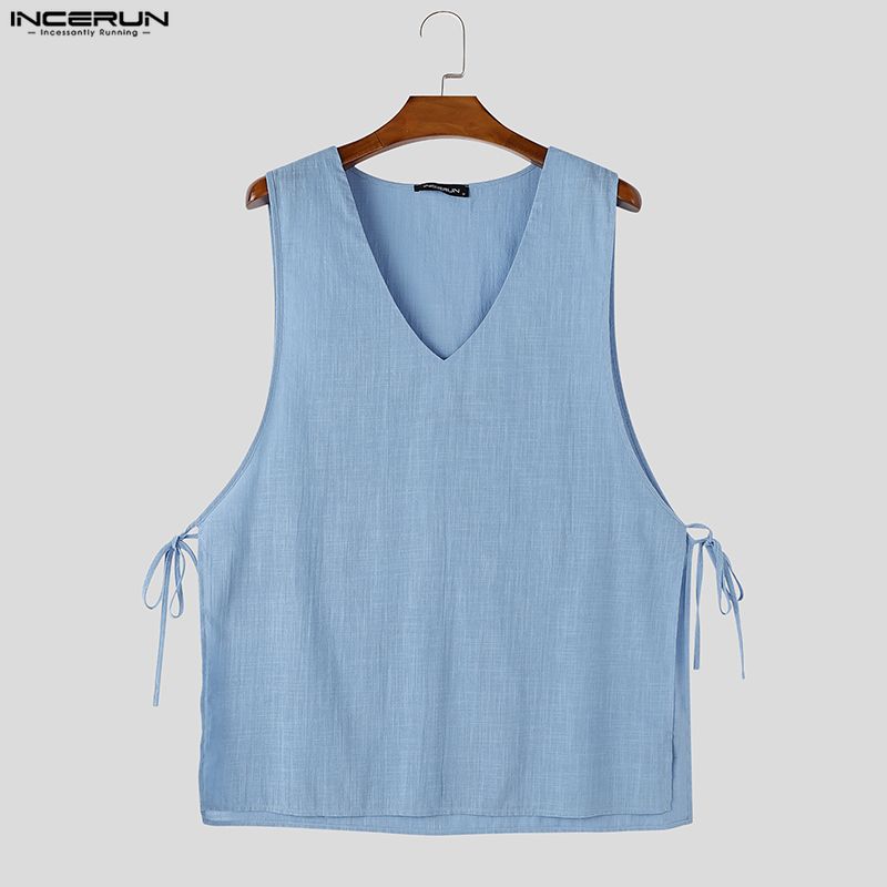 INCERUN Men V Neck Sleeveless Side Lace-up Thin Casual Loose Long Tank Tops