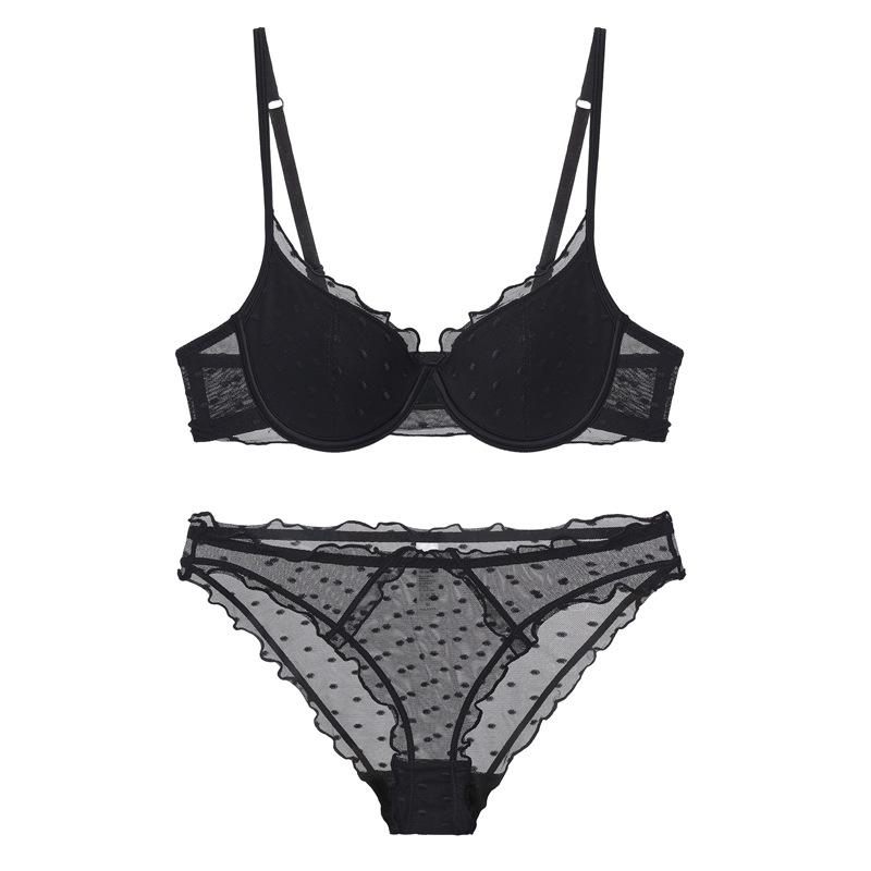 French Lace Women Underwear Sexy Hollow Thin Cup Push Up Bra Fashion Ladies Romantic Lingerie 4 Color Bras With Mesh Panties Set