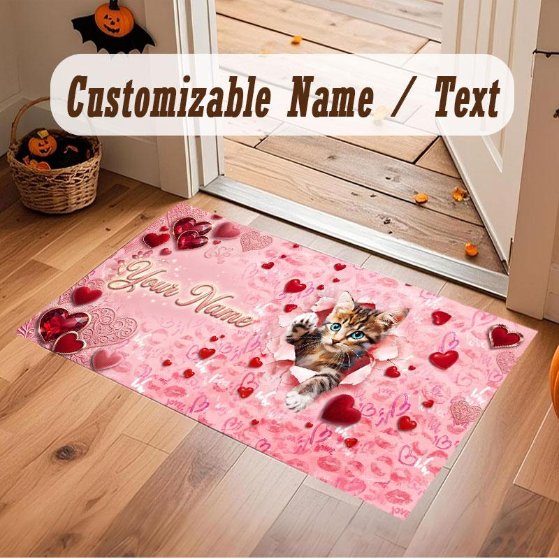 Cat Theme Crystal Velvet Floor Rug Personalized Custom Name Text Warm Carpet Home Decoration