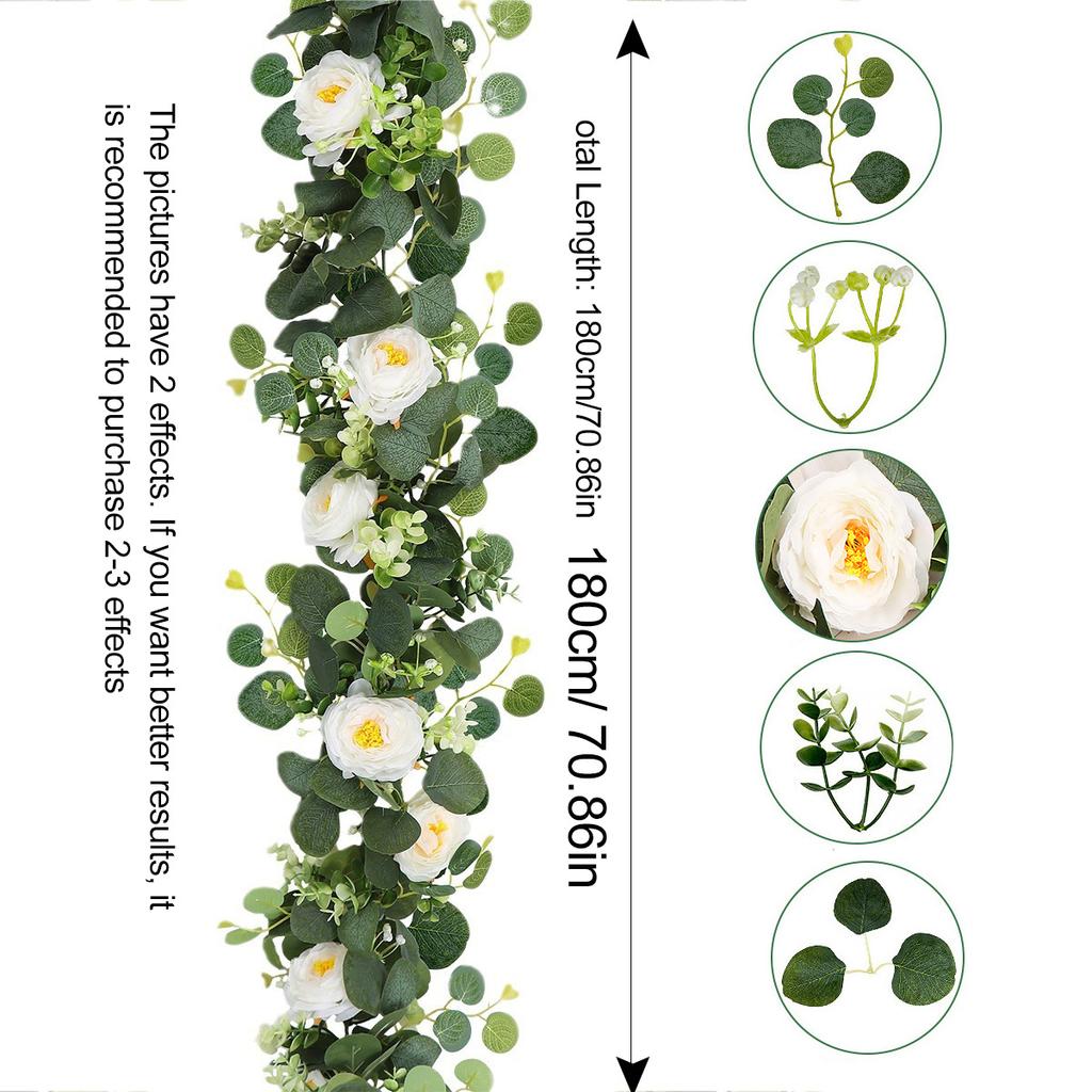 2 Stück Künstliche Eukalyptusblätter Grün Girlande Kunstpflanze Frühling Weiße Blüten Beeren für Hochzeit Heim Party Dekoration