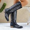 Damen-Cowboy-Stiefel 2026 Herbst Stickerei Klobiger Absatz PU-Leder Knielang Langer Schaftstiefel Spitze Mittlerer Absatz Botas Mujer