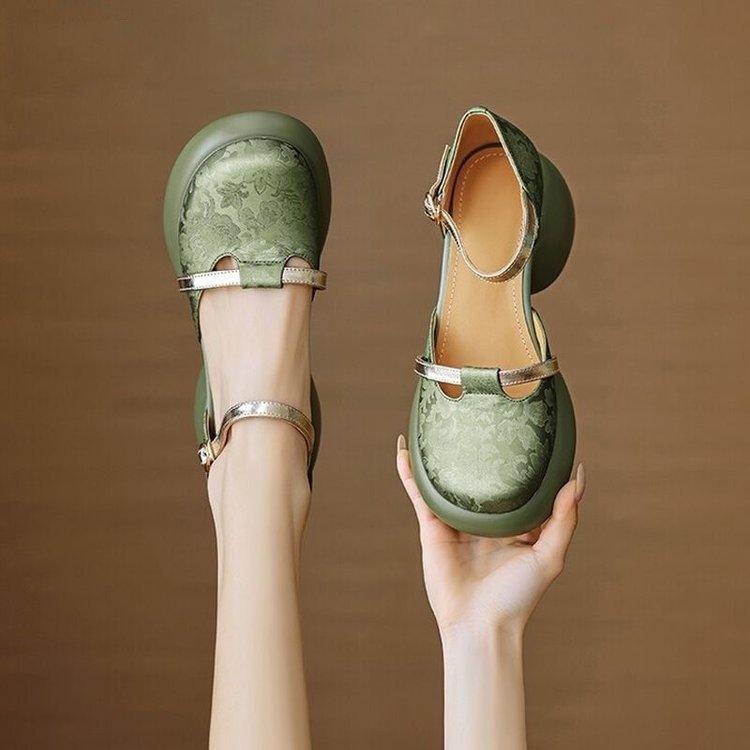 Round Head Single Shoes New Chinese Style Embossed Soft Leather Hollow Bag Head Word with Sandals Women's Fashion Thin Thick Heel