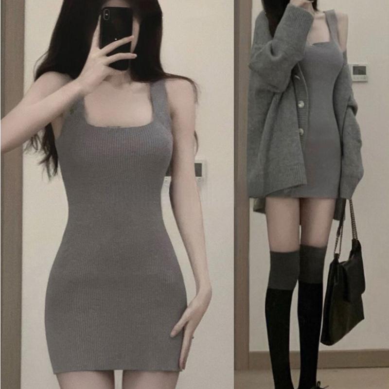 Gray 2 Piece Dress Set Women Casual Long Sleeve Cardigan Bodycon Strap Sweater Dress Evening Party Knitted Suit 2023 Winter