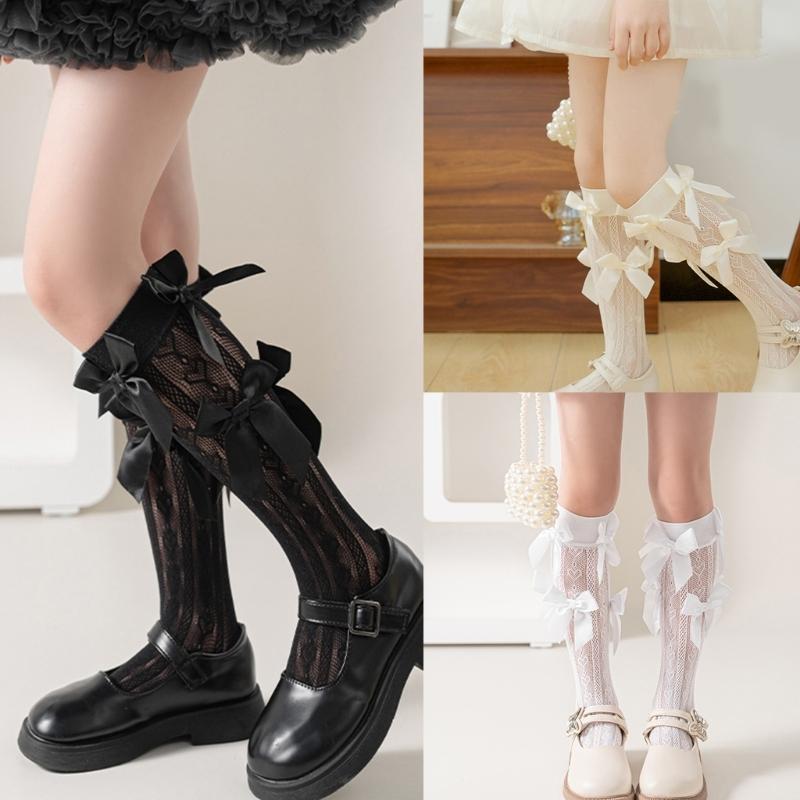 Lovely Girls Knee Length Socks for Youth, Sweet Bowknot Charm Middle Tube Socks for Stage Performances and Parties