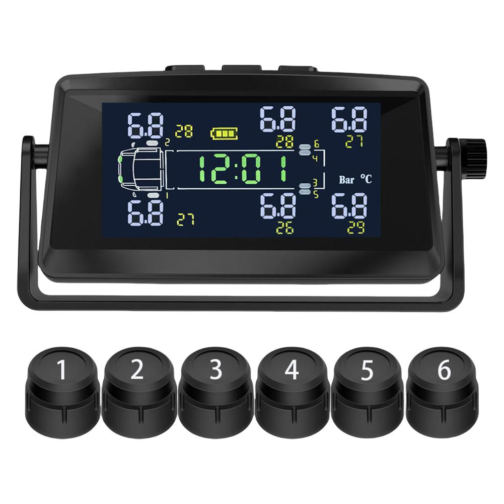 USB/Solar TPMS with 6 Sensors Tire Pressure Monitor System Tyre Temperature Monitor for RV Trailer Camper
