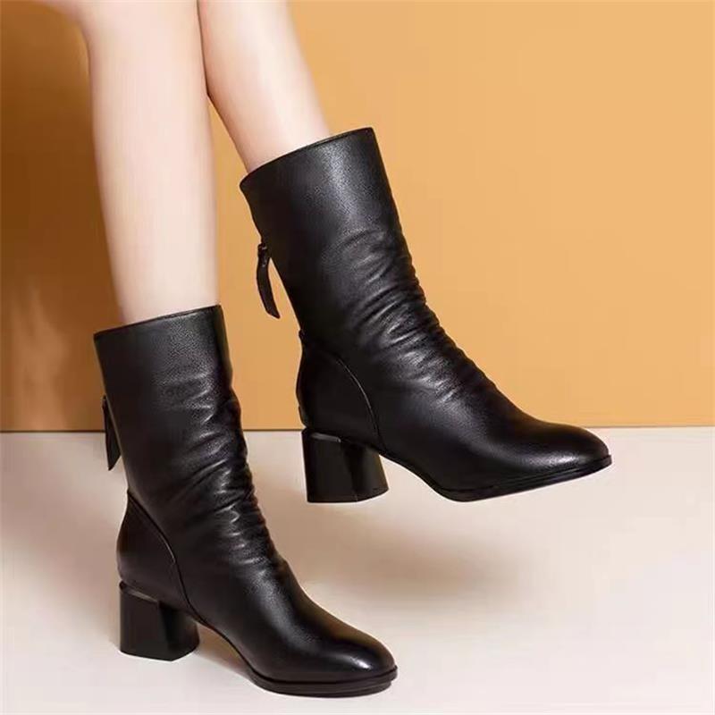 Autumn and Winter New Soft Leather Mid-boots Women's Thick Heel Martin Boots Long Tube Versatile Pointed Middle Heel Thick and Thin Boots