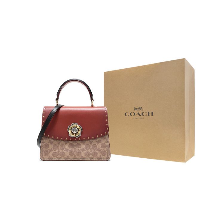 Coach Parker 23 Top Handle Camellia Studded Leather Crossbody Bag Women Handbags Brown 53349-B4NQ6