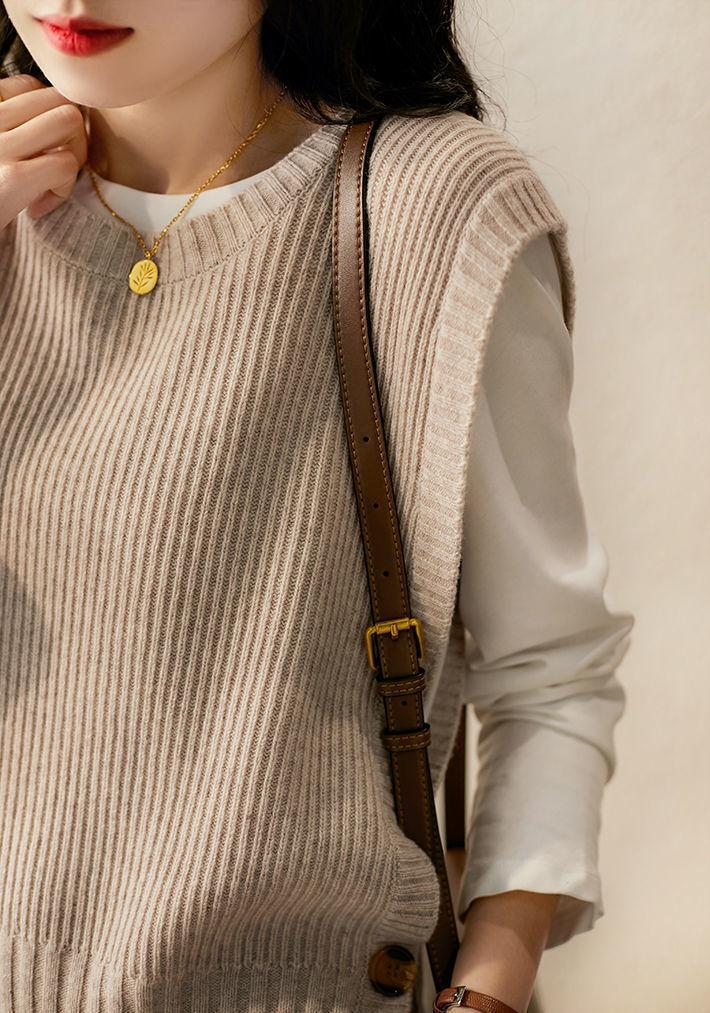Split Design Sense Knitted Vest Retro Round Neck Versatile Outer Wear Thin Vest Sleeveless Vest Sweater Women