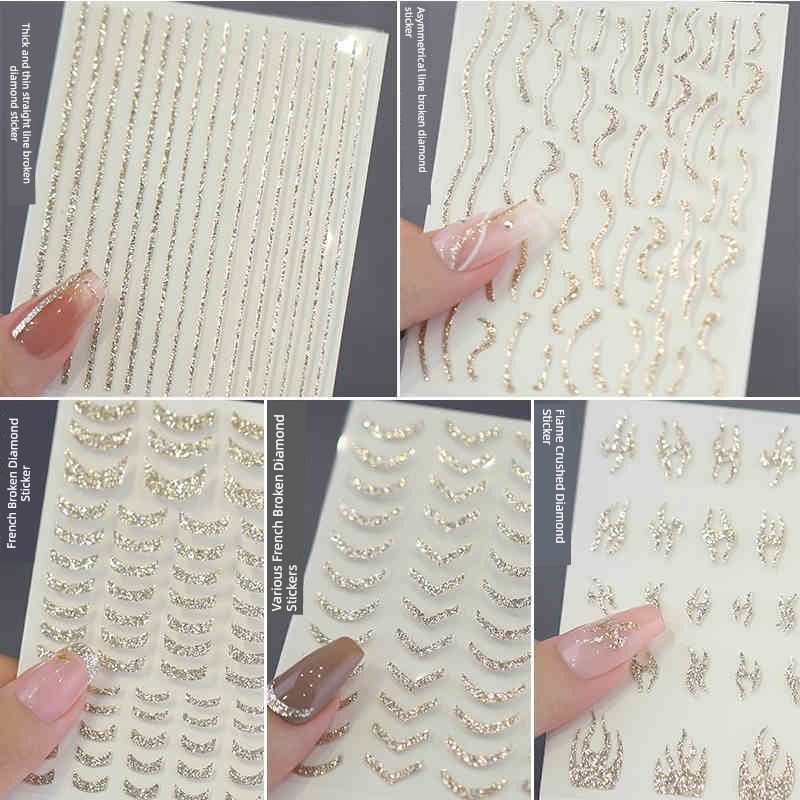 

Celebrity Flash French Style Diamond in the Debris Gilding Asymmetrical Lines Champagne Gold Nail Stickers Decorative Pattern Nail Accessories Gold-plated broken drill 5 (H352---H356)