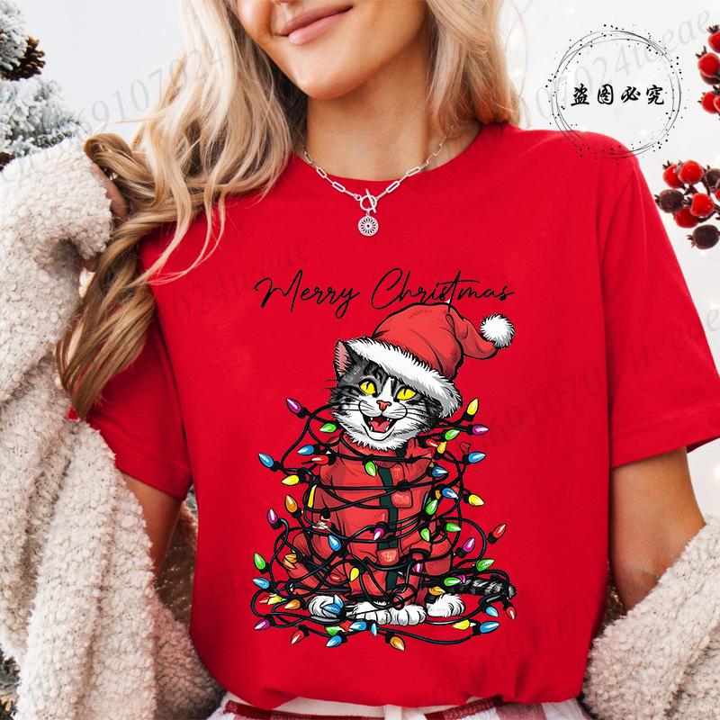 Funny Christmas Cat Women TShirt Xmas Cat Graphic TShirts Tops Short Sleeve Tees Casual Harajuku Street Tshirt Female Clothing