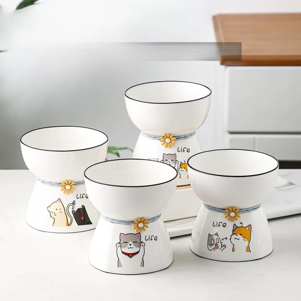 Pet Cat Bowl Ceramic Bowl Tall Black Chin Dog Rice Bowl Cute Drinking Protect Neck Spine Cat Food Bowl Anti Knock Over