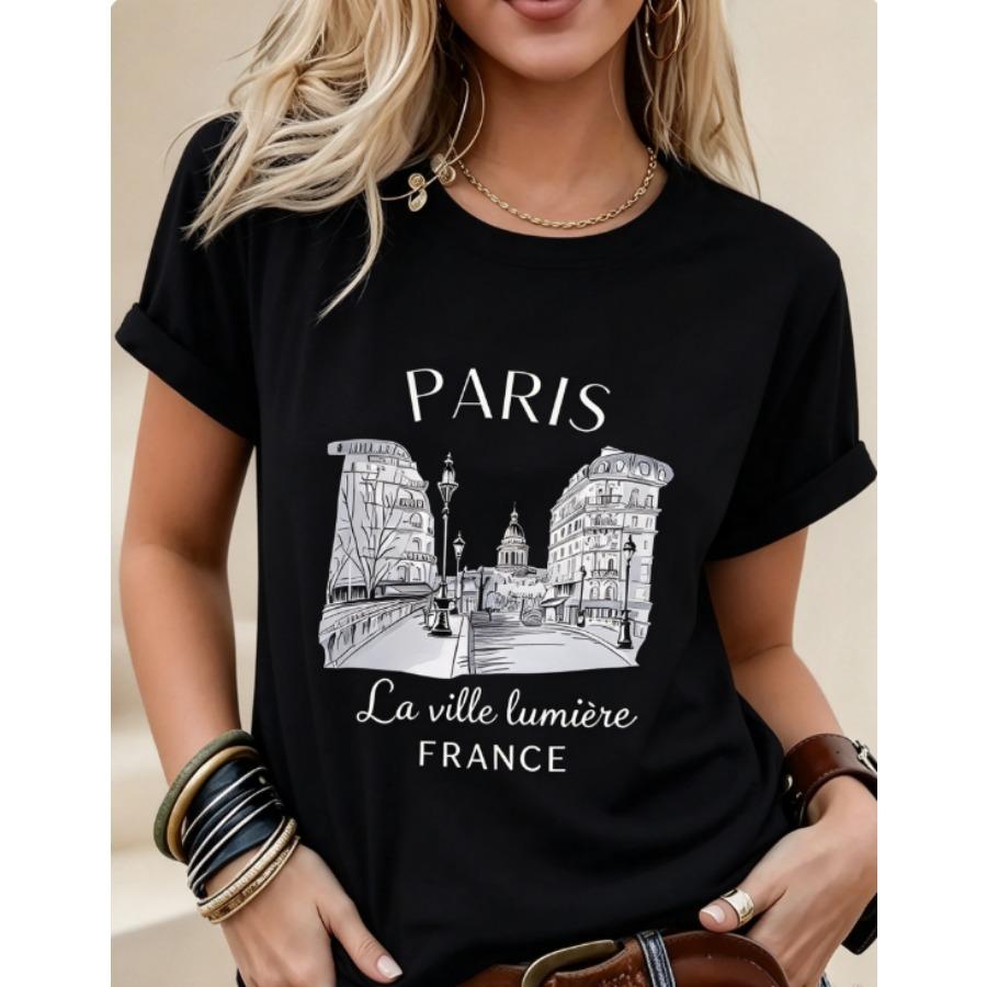 Daily Wear Basic Top Tee Fashion New Women Crew Neck Short Sleeve T-Shirt, Loose Casual Paris Graphic Print