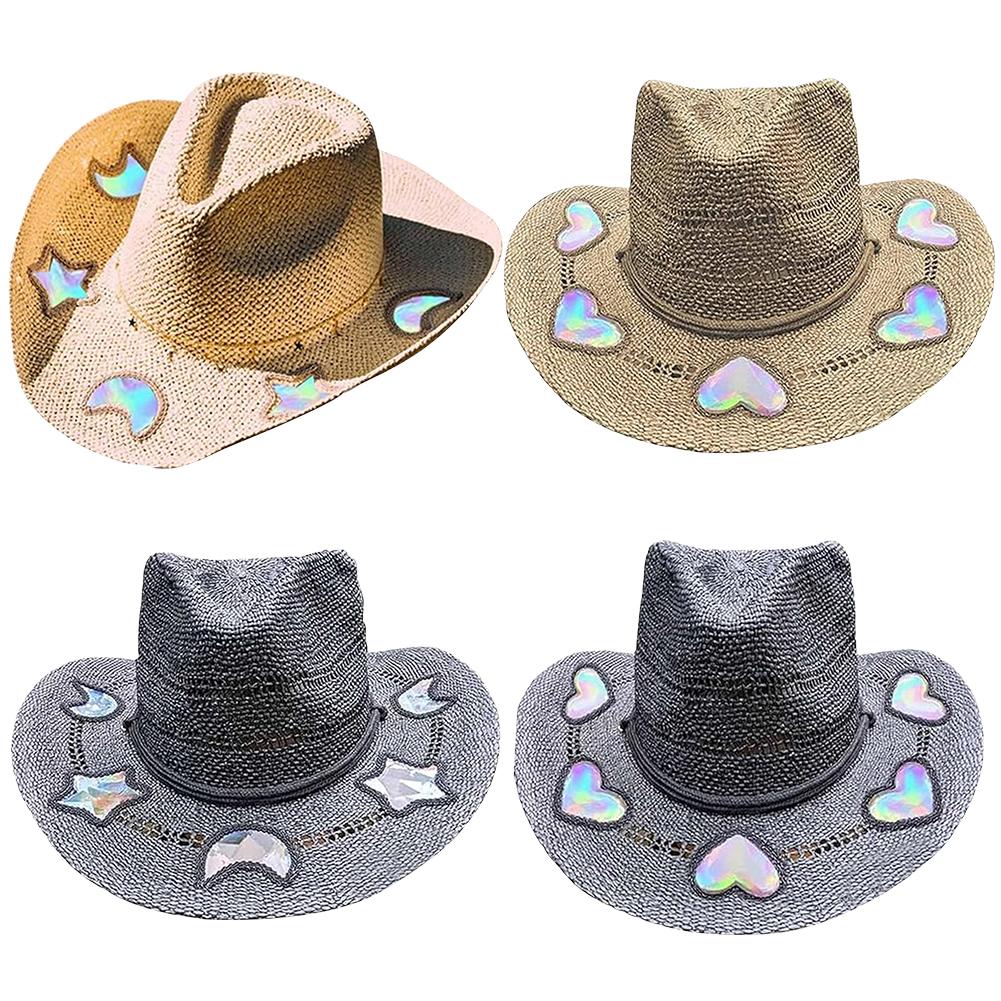 Straw Western Cowboy Hats for Women Girls Star/Moon Shapeable Cowgirl Hat Summer Outdoor Beach Sun Hat Vintage Jazz Hat