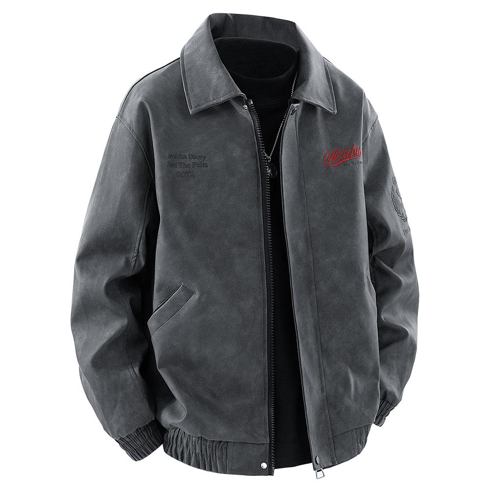 

Куртка-пилот, Мужская осенняя вышитая куртка, Кожаная куртка с лацканами L темно серый