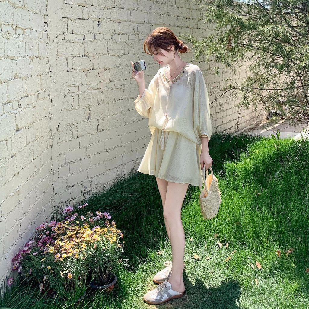 Korean Style Women's Summer Sun Protection Shirt & Shorts Set - Lightweight, Petite, Long Sleeve, Two-Piece, 2026 New Arrival