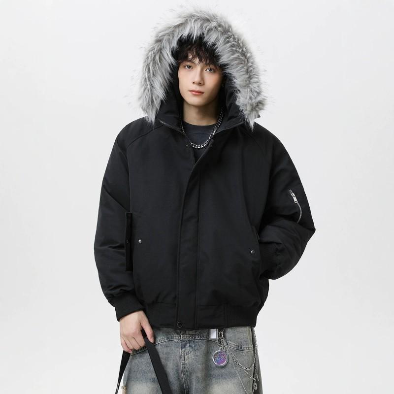 Winter Thickened Warm Couple Puffer Coat Unisex Hooded Parka With Fur Trim
