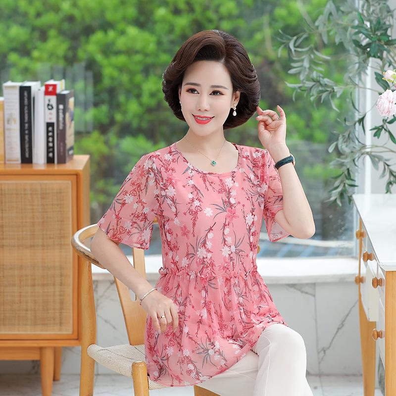 

Летняя блузка из шифона с цветочным принтом для похудения для женщин среднего и пожилого возраста - Короткий рукав, средней длины XL (90-110 jin) розовый