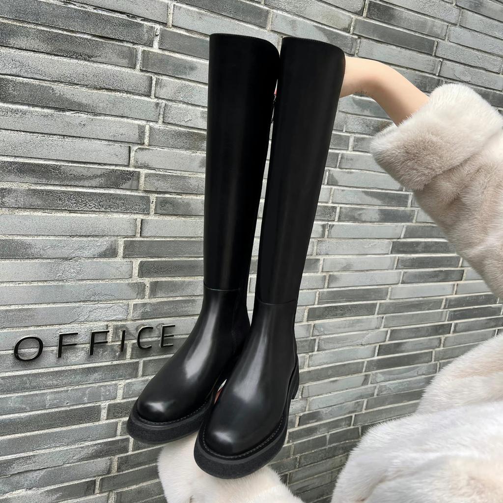 Cowhide version~ Genuine leather but knee boots women's thick-soled thick heel side zipper straight high boots slim knight boots