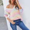 Women's Fashion Rainbow Patchwork Tie-Dye V-Neck Pullover Casual Knitted Sweater
