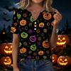 Camiseta casual de manga corta con cuello en V para mujer con botones decorativos Estampado de calabaza de Halloween Top para uso diario
