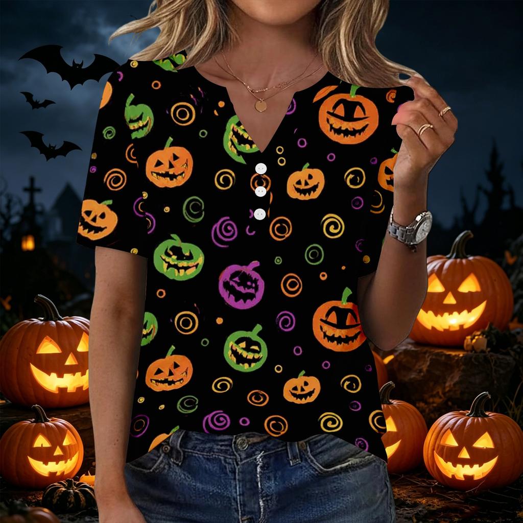 Camiseta casual de manga corta con cuello en V para mujer con botones decorativos Estampado de calabaza de Halloween Top para uso diario