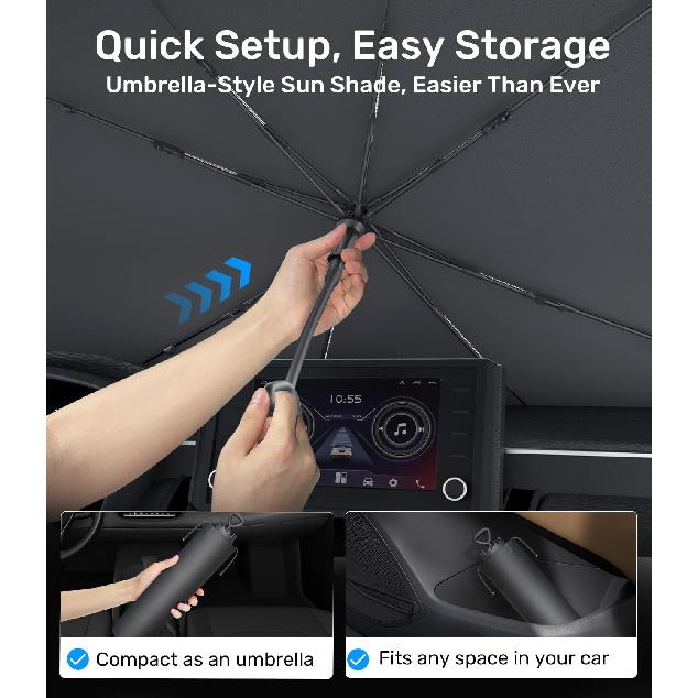 Zanch 2025 Upgraded Car Windshield Sun Shade [Cool Down By 75℉ ] With Heat Ulation Coating, Foldable Sunshade Umbrella With Flexible Handle & Ribs,