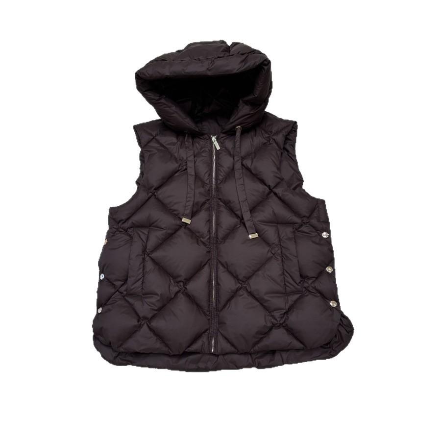 European Station White Duck Down Short Hooded Drawstring Vest Autumn and Winter Vest Down Jacket Side Buckle Jacket Winter Clothing